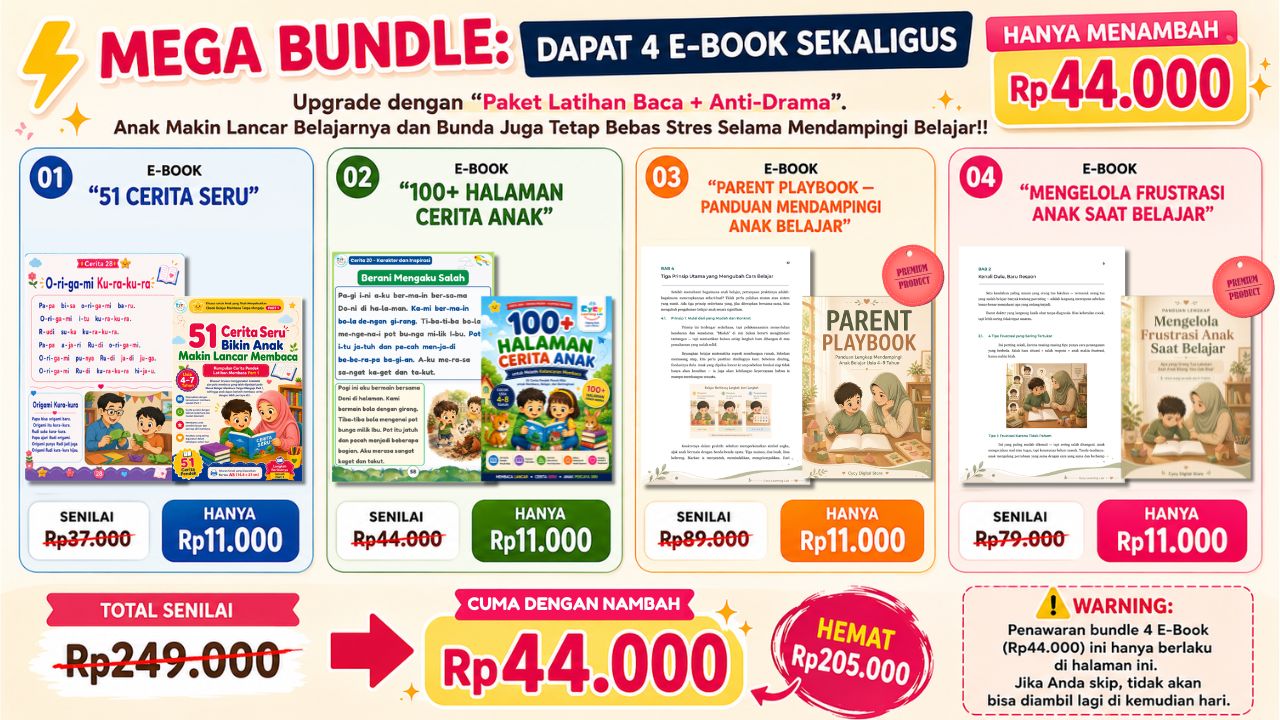 Lengkapi program belajar anak dengan latihan lanjutan, bacaan sesuai level, dan panduan orang tua dalam satu bundle hemat.